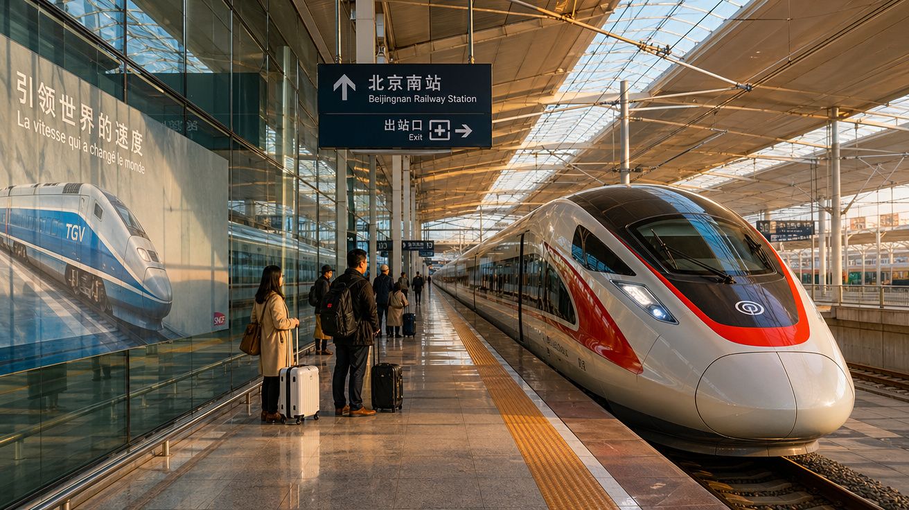 Estação ferroviária com comboio de alta velocidade parado e passageiros à espera na plataforma, sinais em chinês e inglês.