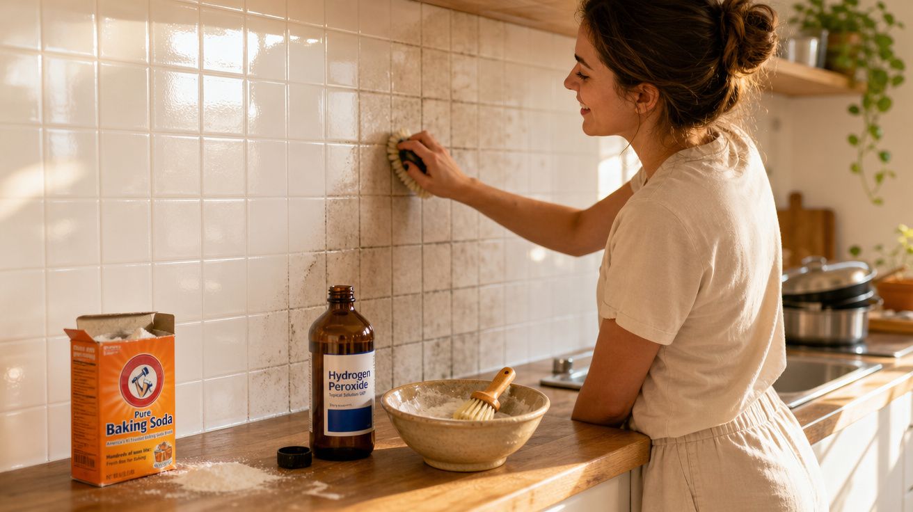 Mulher a limpar azulejos de cozinha com escova, bicarbonato de sódio e peróxido de hidrogénio na bancada.