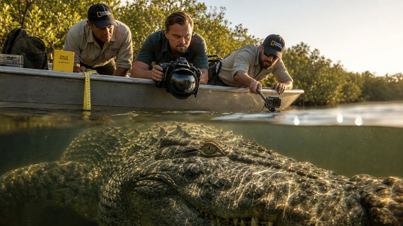 Três homens num barco fotografam um crocodilo parcialmente submerso na água em ambiente natural.