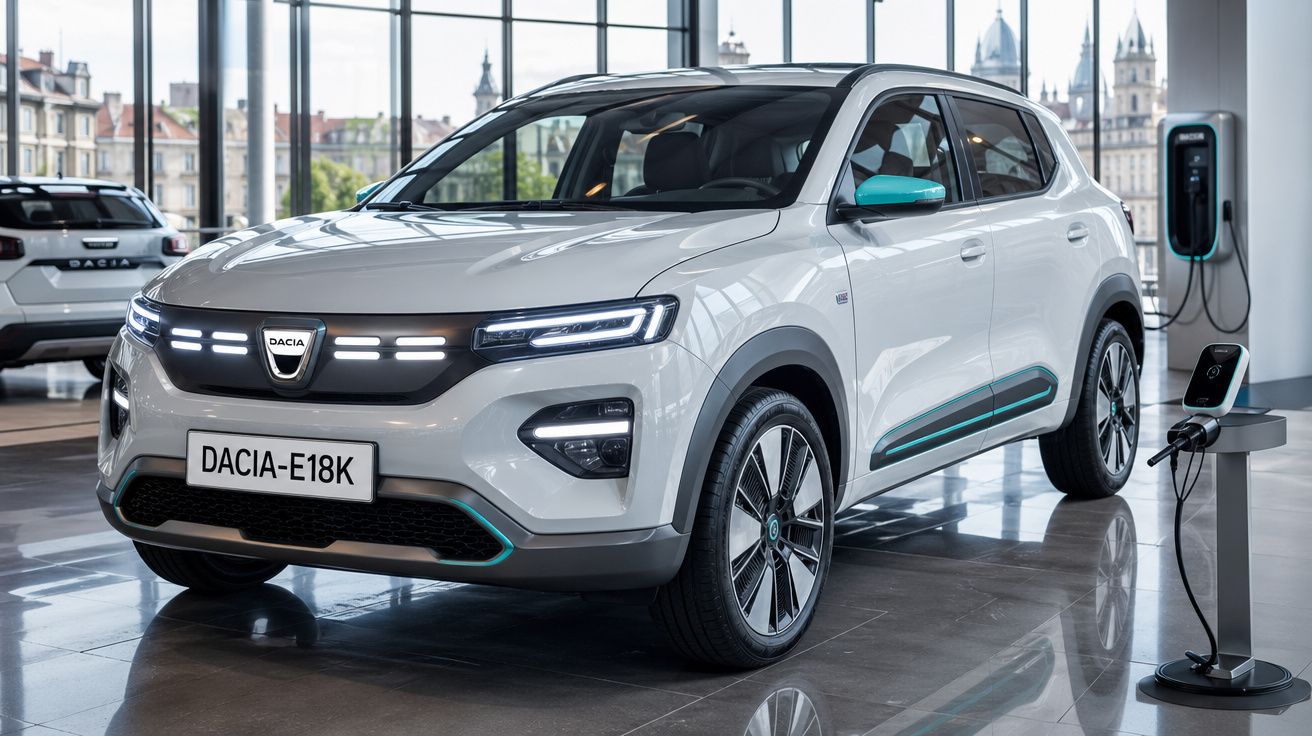 Carro elétrico Dacia E18K branco a carregar numa estação de carregamento interior moderna.