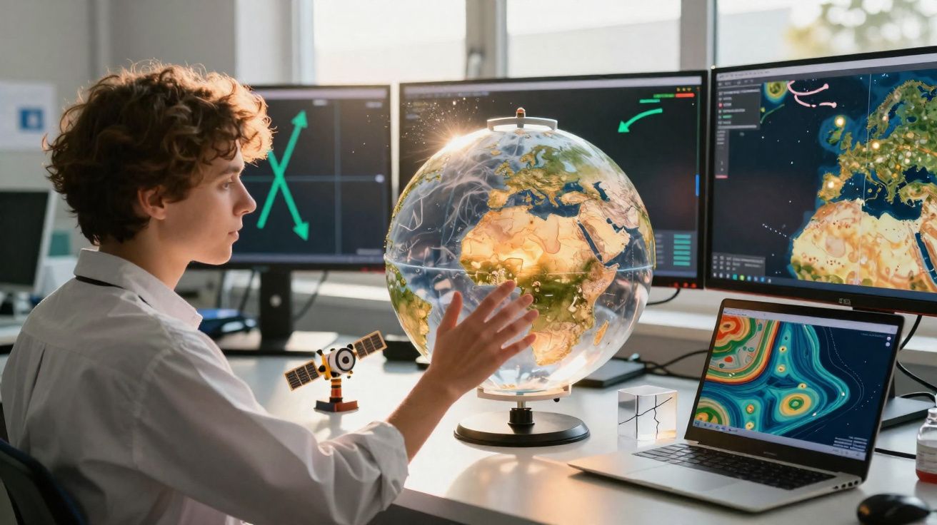 Jovem em laboratório a analisar um globo terrestre holográfico com ecrãs digitais ao fundo.