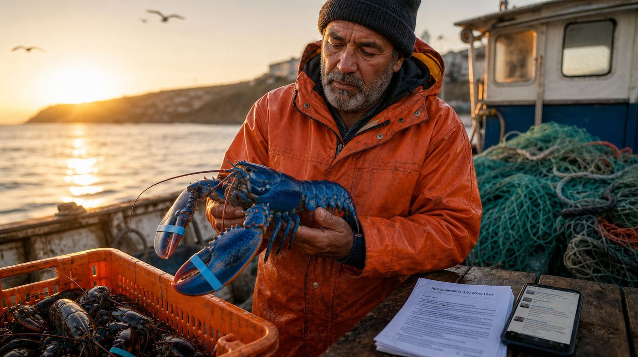 Pescador com casaco laranja segura lagosta azul num barco ao pôr do sol junto a redes e documentação.