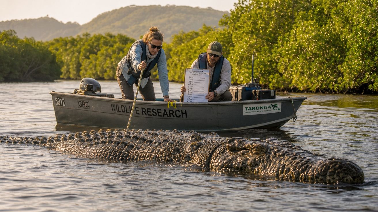 Duas pessoas numa pequena embarcação a realizar pesquisa com um crocodilo grande na água junto a vegetação.