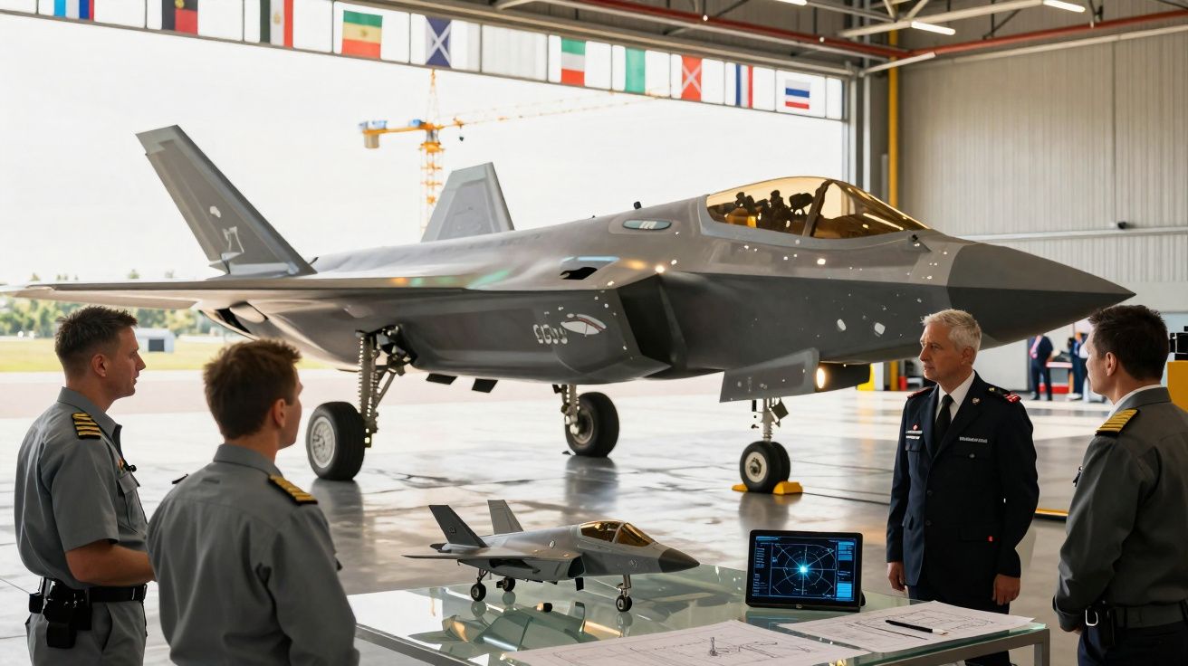 Quatro militares observam caça furtivo estacionado em hangar com maquete e computador à frente.