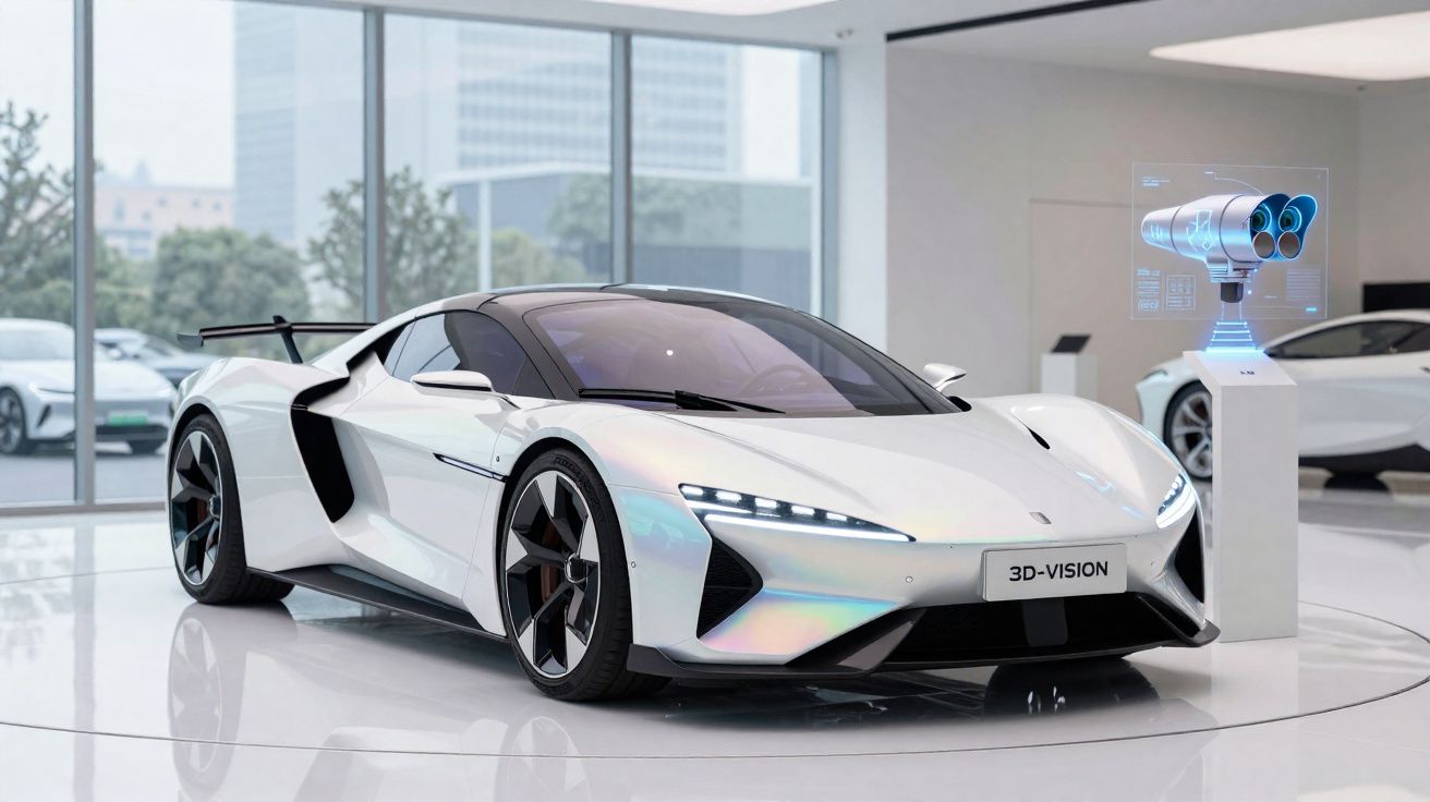 Carro desportivo futurista branco numa exposição moderna com projeção holográfica ao lado.