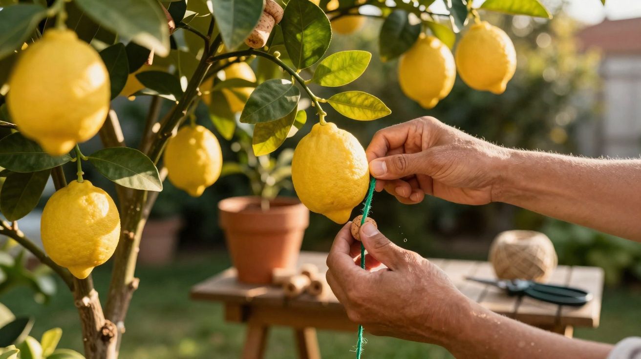 Mãos a amarrar um limão numa árvore de limoeiro num jardim com várias frutas maduras.