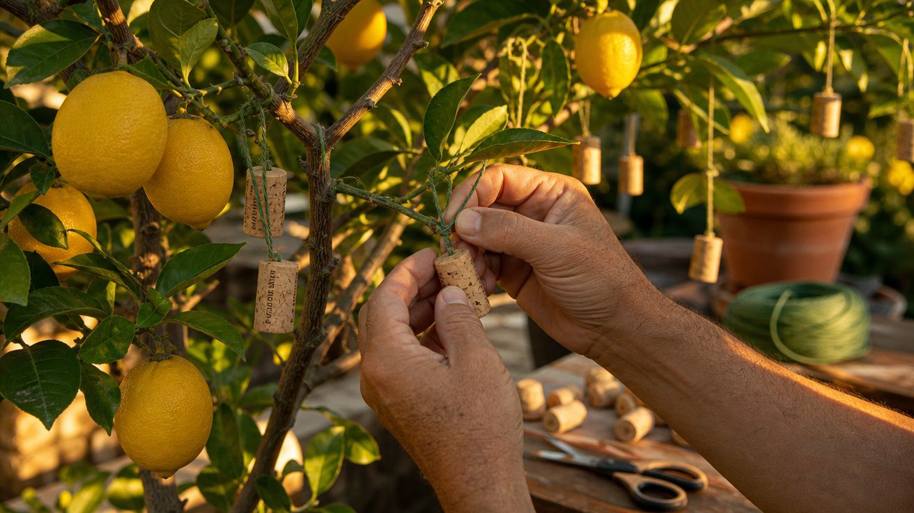 Mãos a prender rolhas em ramos de árvore de limão com frutos amarelos num jardim ensolarado.