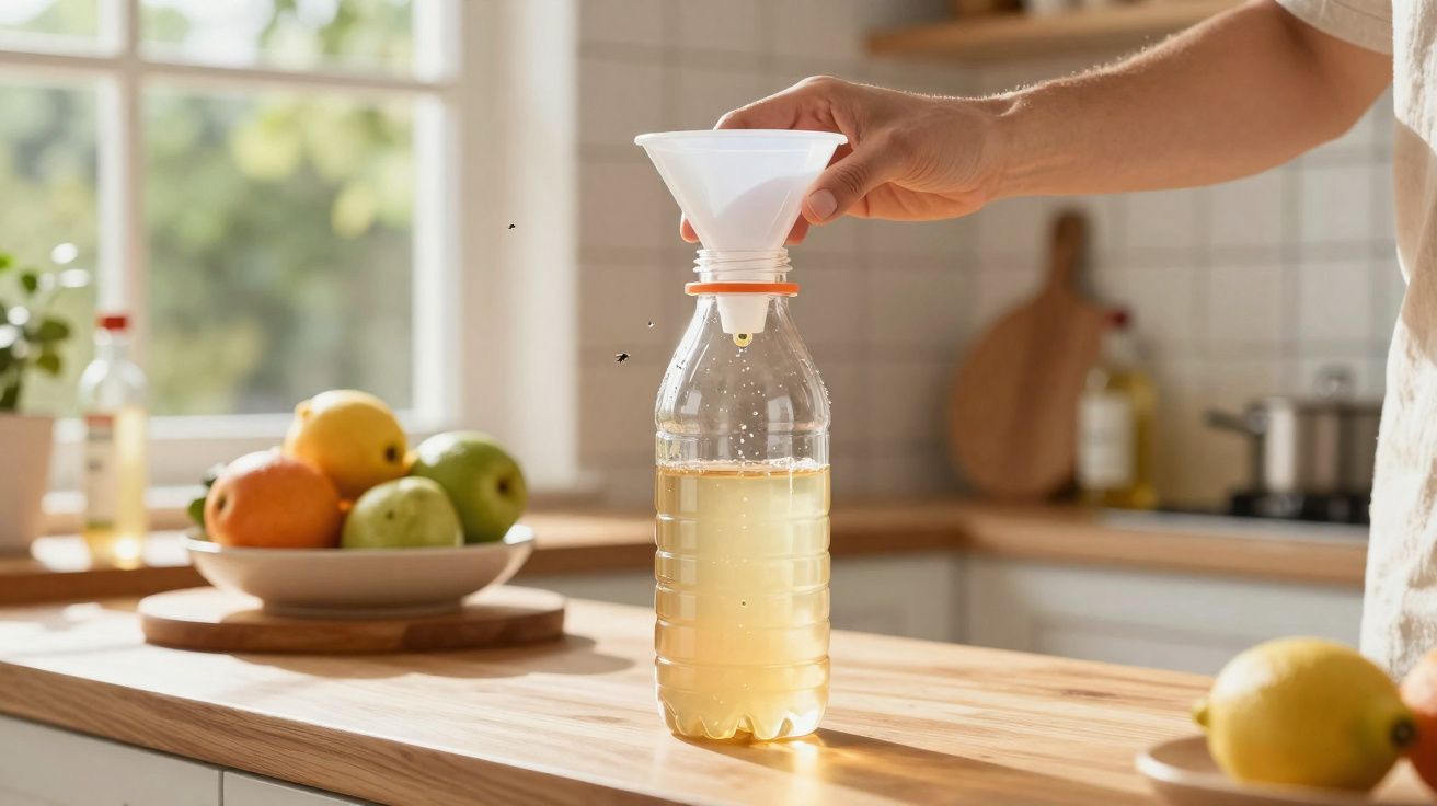 Pessoa a usar um funil para colocar líquido amarelo numa garrafa plástica numa cozinha iluminada.