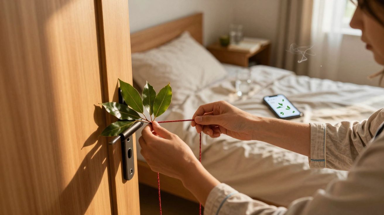 Pessoa a pendurar ramos verdes numa maçaneta de porta interior, com cama e telemóvel ao fundo.
