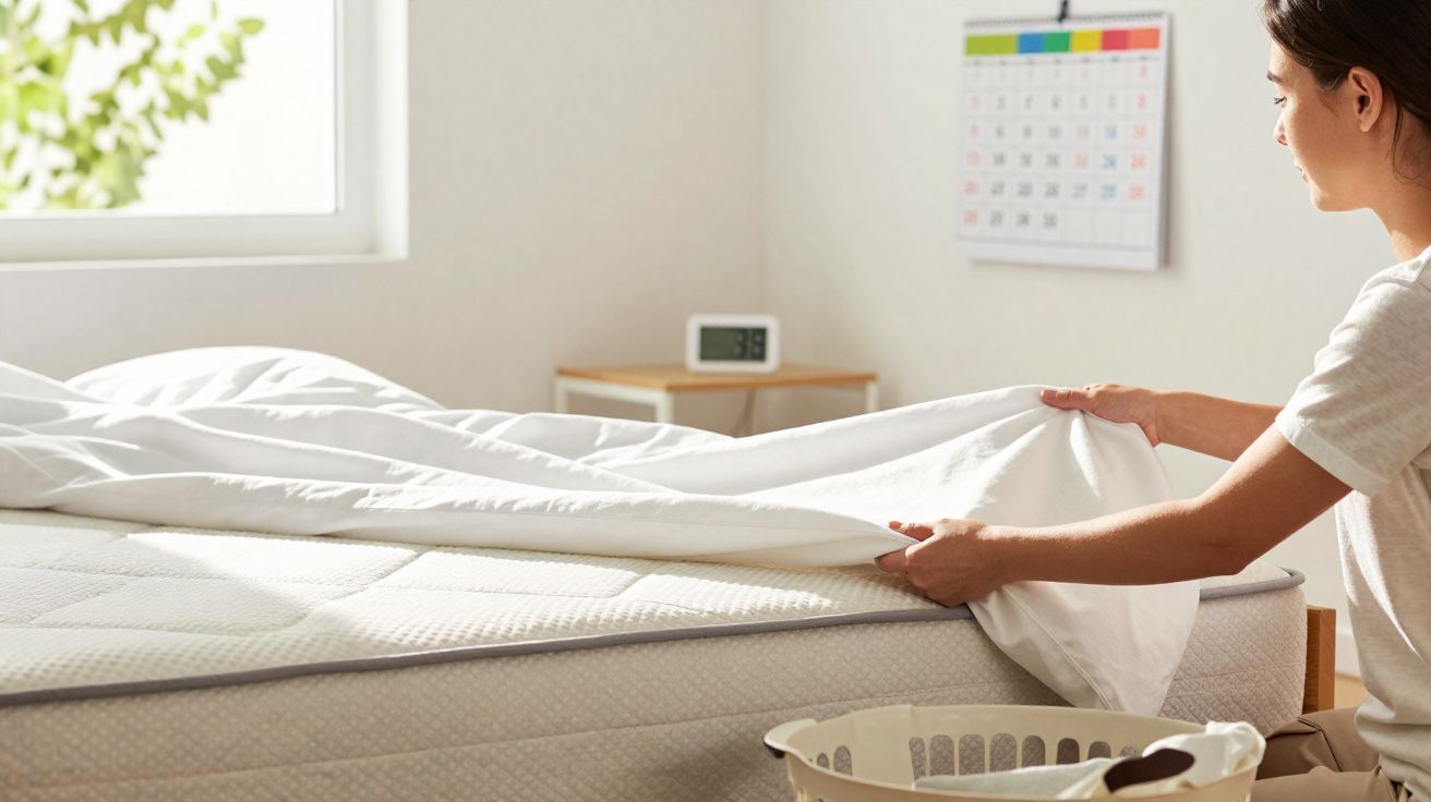Mulher a arrumar a cama com lençóis brancos num quarto iluminado e calendário na parede.