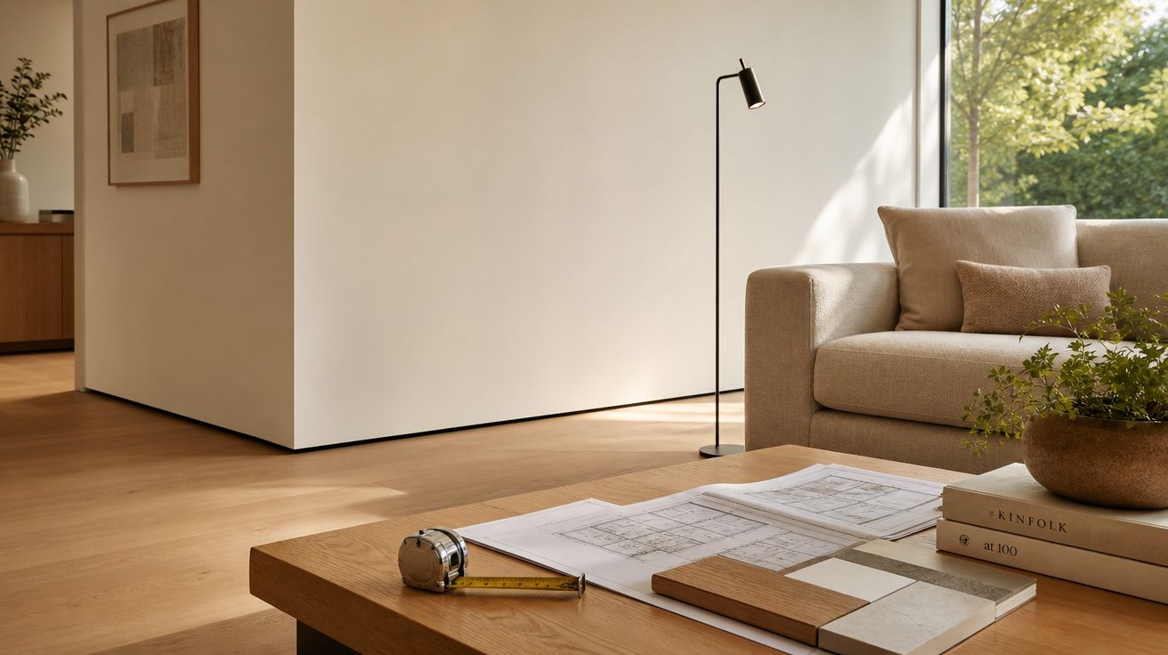 Sala moderna com sofá bege, mesa de madeira com planta, livros, plantas e fita métrica num ambiente iluminado natural.