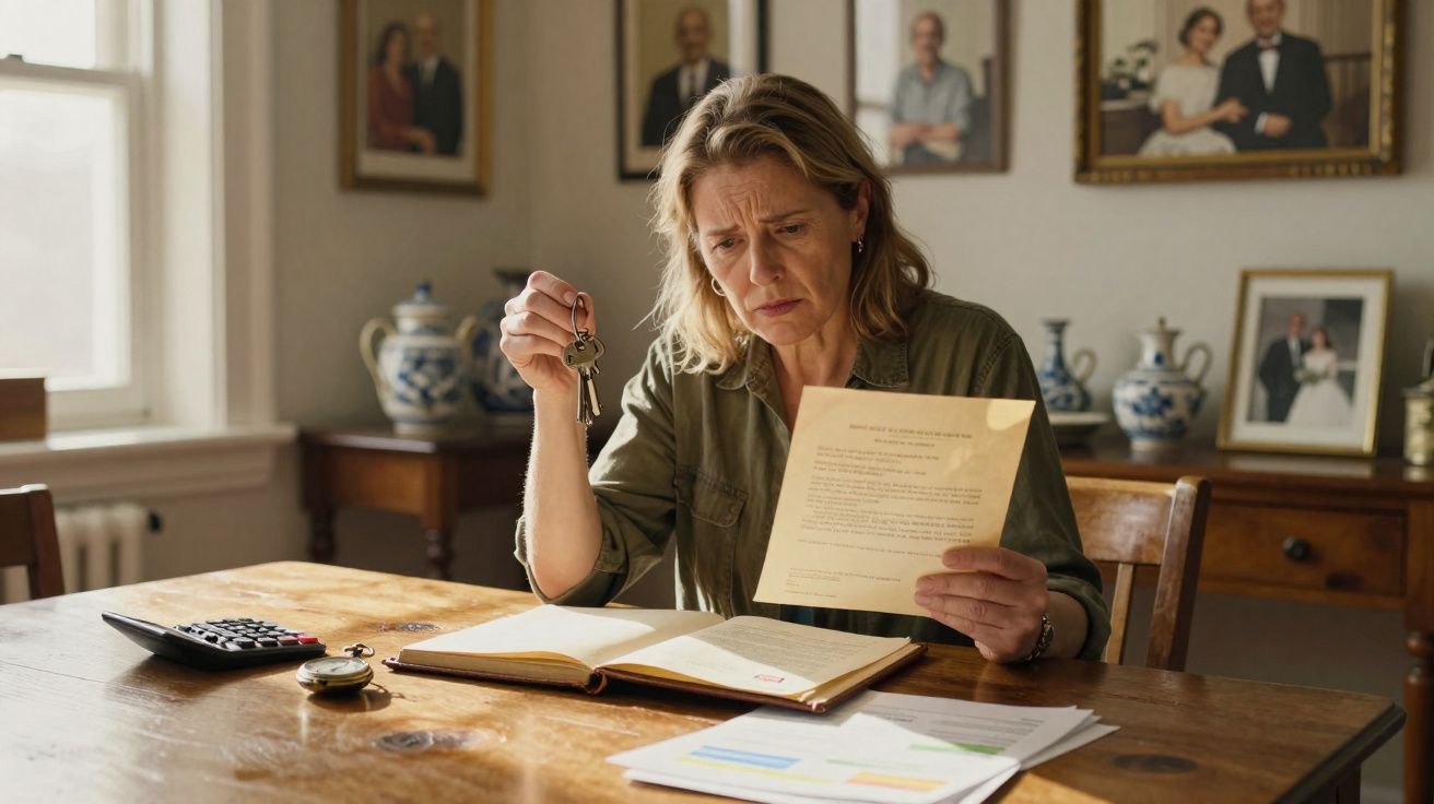 Mulher preocupada segura chaves e lê carta sentada à mesa com documentos e calculadora em casa.