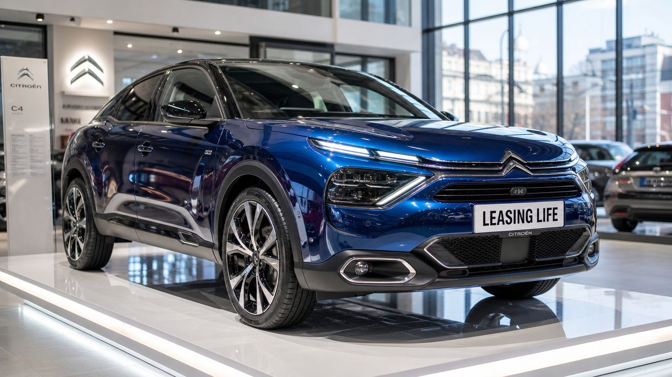 Citroën C4 azul em exposição numa sala de carros com grandes janelas e iluminação interior.