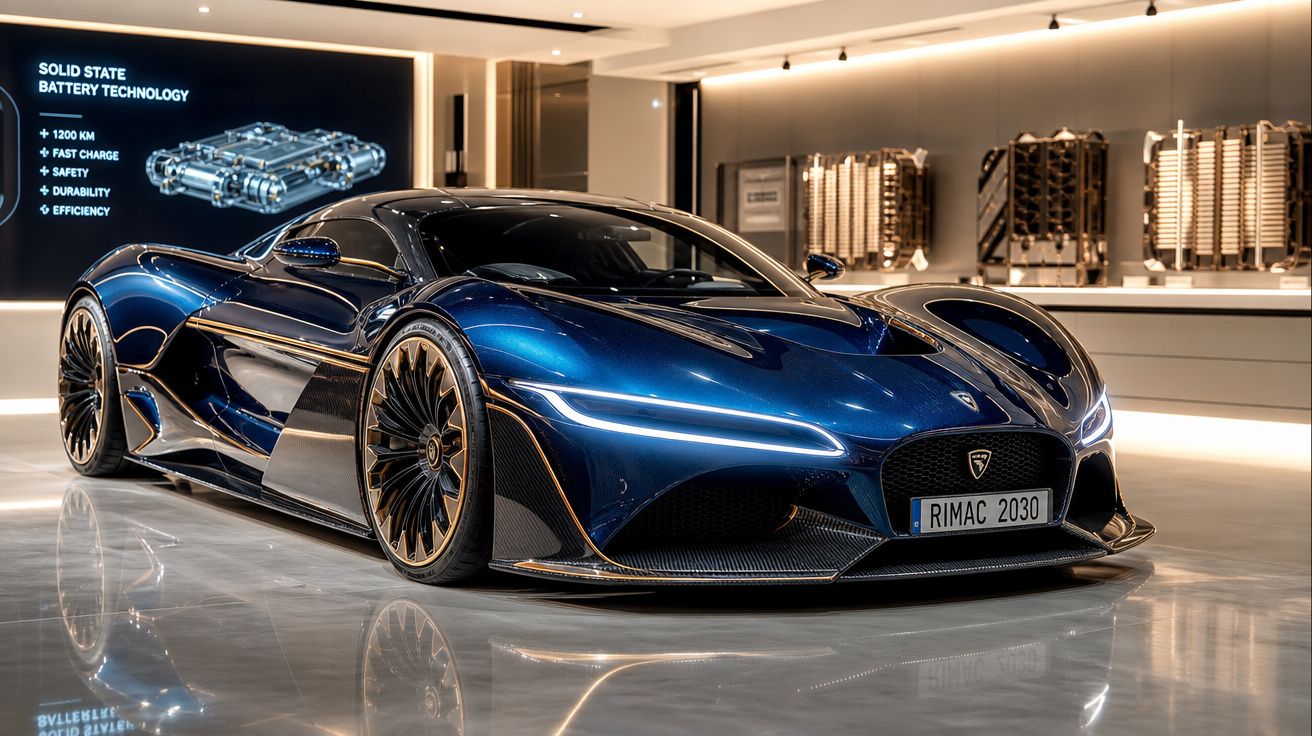 Carro desportivo eléctrico azul metálico Rimac 2030 com design futurista em ambiente moderno interior.