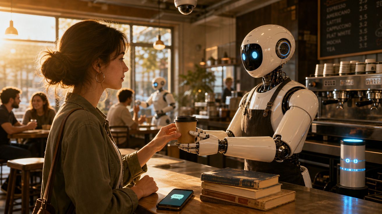 Mulher recebe café de robô-barista futurista numa cafetaria moderna com clientes ao fundo.