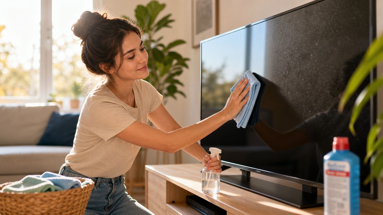 Mulher jovem limpa a televisão com um pano azul numa sala iluminada e acolhedora.