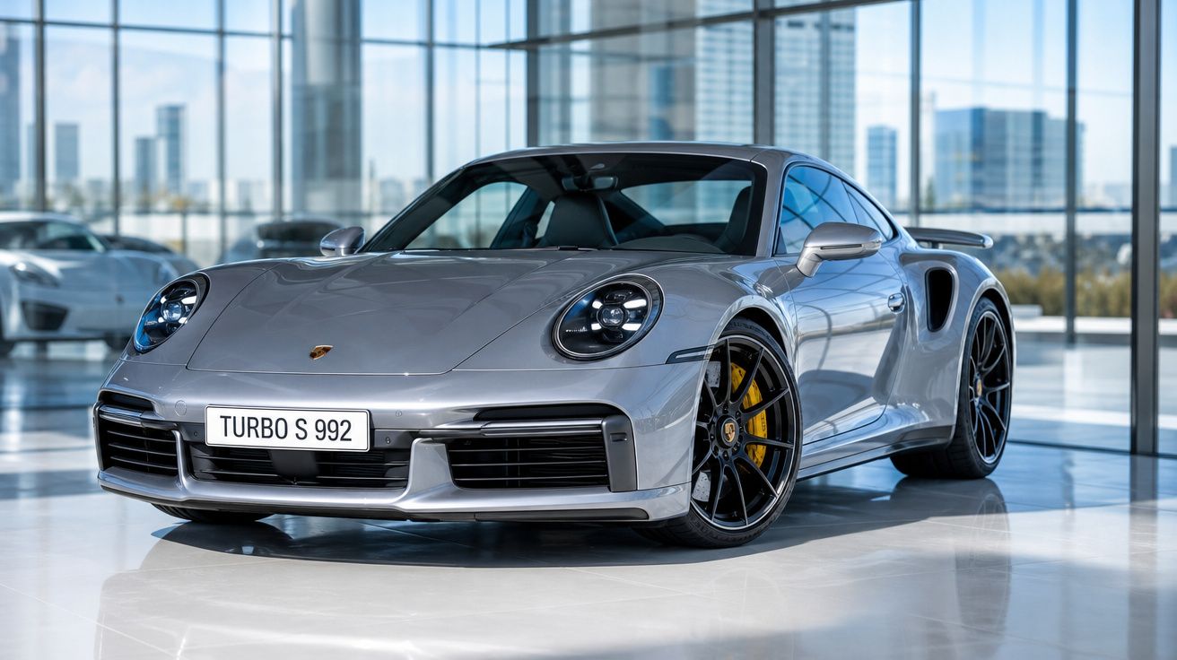 Carro desportivo Porsche Turbo S 992 cinza prateado em showroom moderno com janelas amplas e chão brilhante.