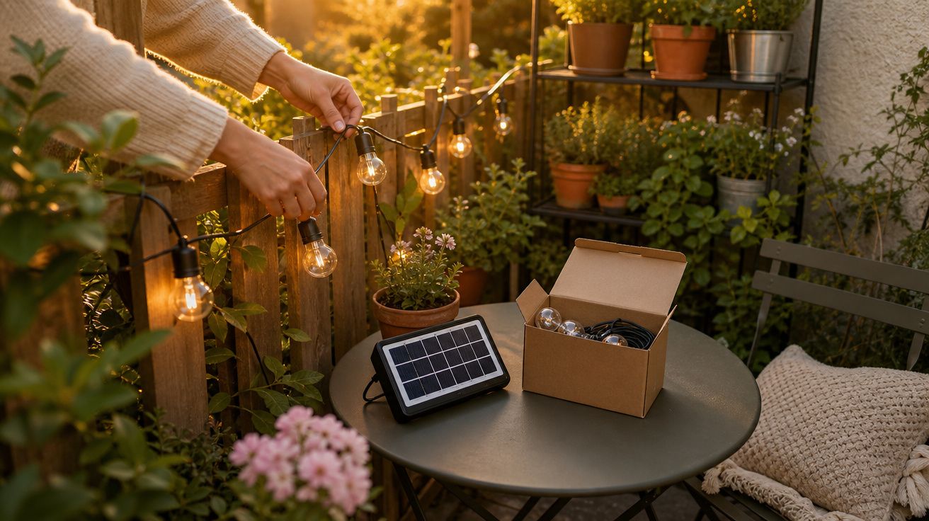 Pessoa a pendurar luzes solares decorativas num jardim acolhedor ao pôr do sol.