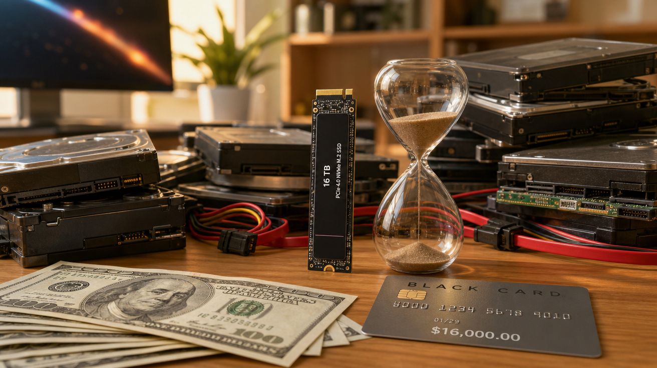 Penhora de tecnologia com discos rígidos, SSD 16TB, ampulheta, notas de dólar e cartão de crédito preto.