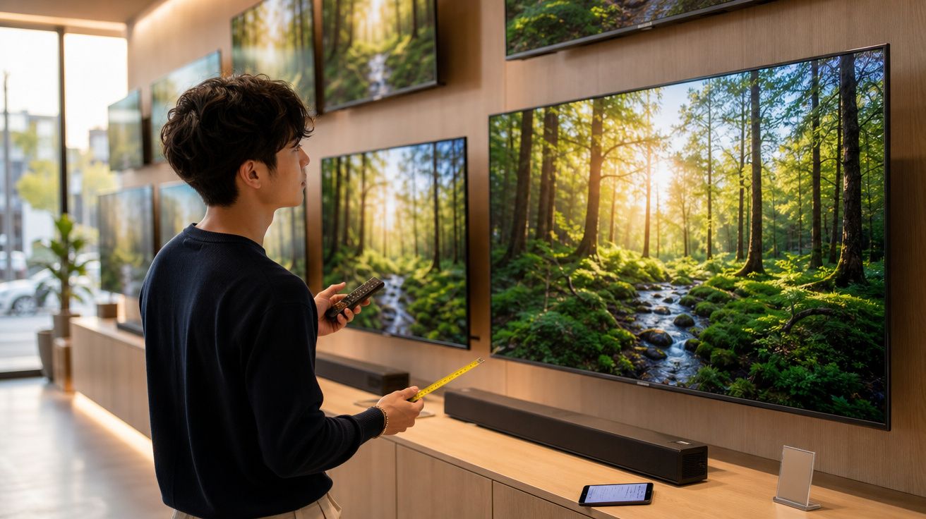 Homem a avaliar televisões com imagens de floresta numa loja moderna de eletrónica.