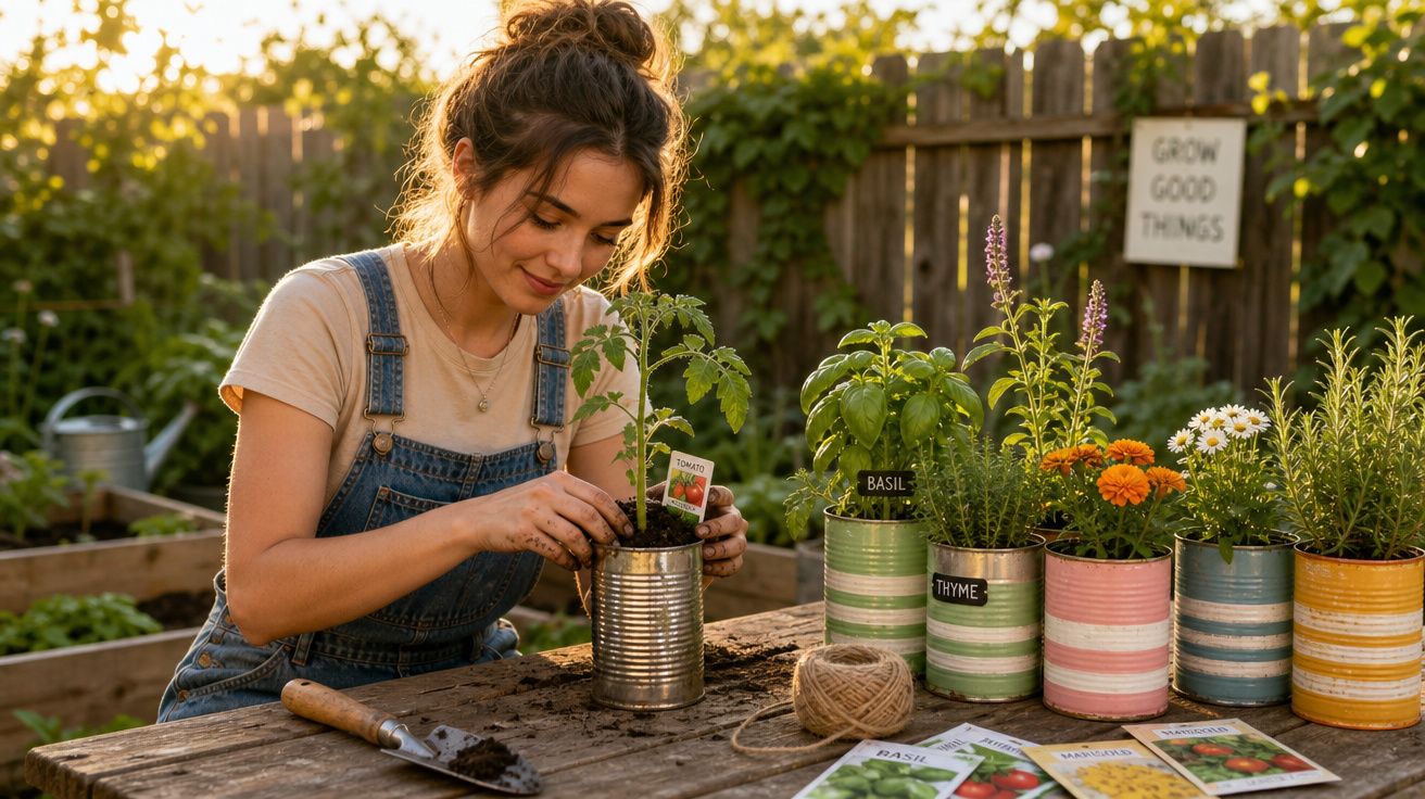 Mulher jovem a plantar tomate em lata reciclada numa mesa de madeira com várias plantas aromáticas.