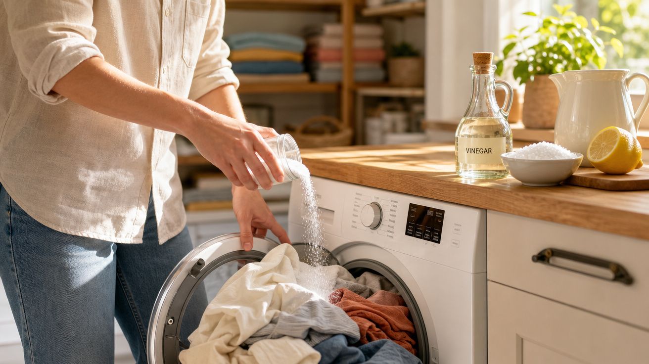 Pessoa a adicionar sal grosso na máquina de lavar roupa numa cozinha iluminada e organizada.