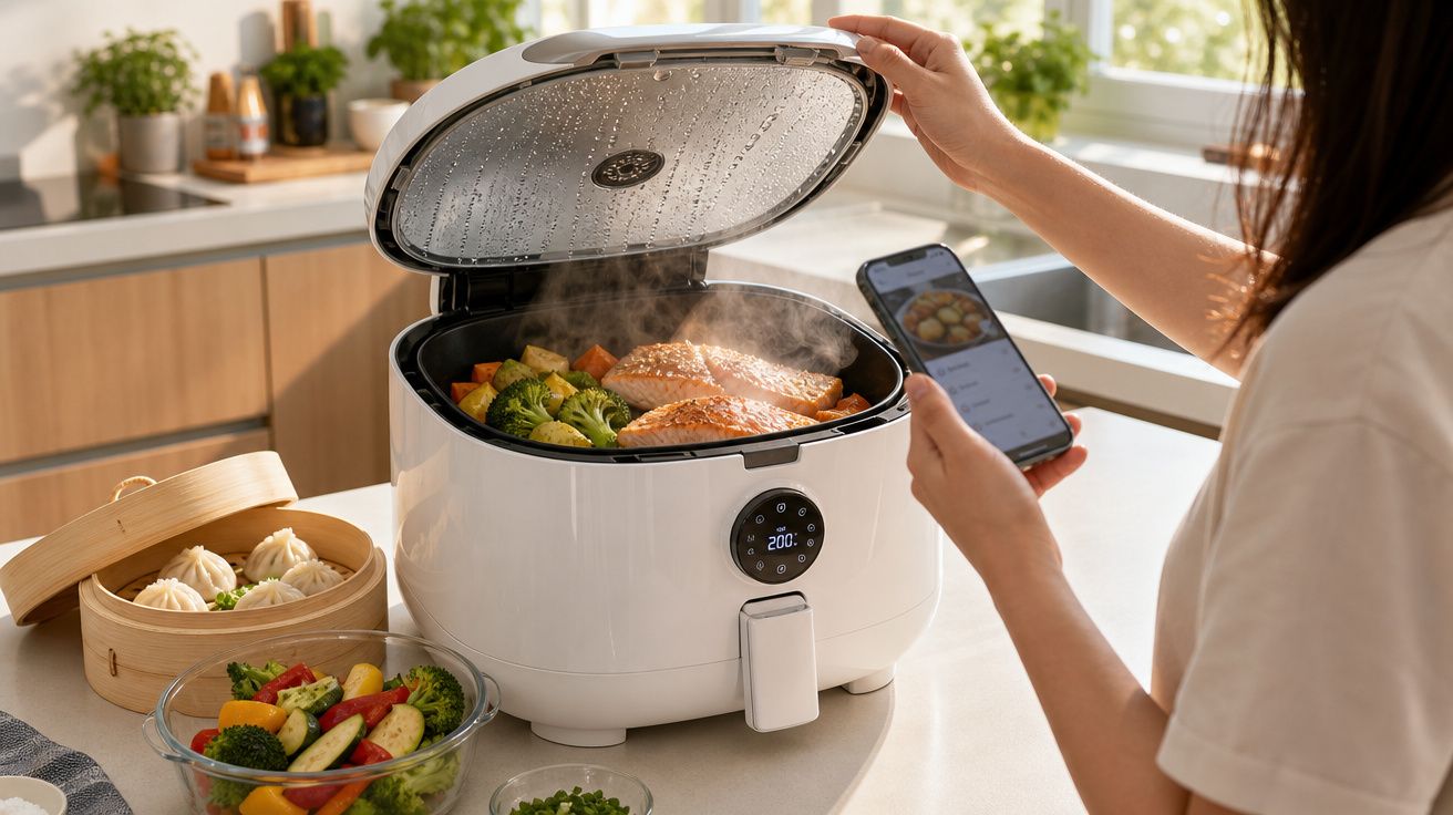 Pessoa a cozinhar salmão e legumes numa panela elétrica inteligente, com smartphone na mão na cozinha.