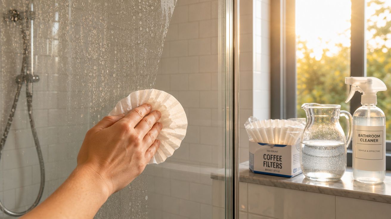 Mão a limpar porta de duche com filtro de café, garrafa de água e spray de limpa casas de banho na janela.
