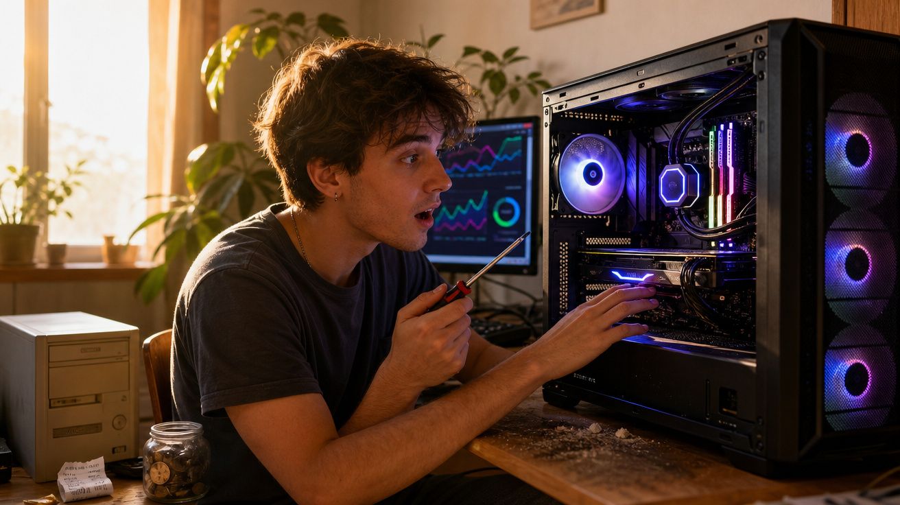 Jovem a reparar um computador de secretária com iluminação LED numa sala iluminada pela luz natural.