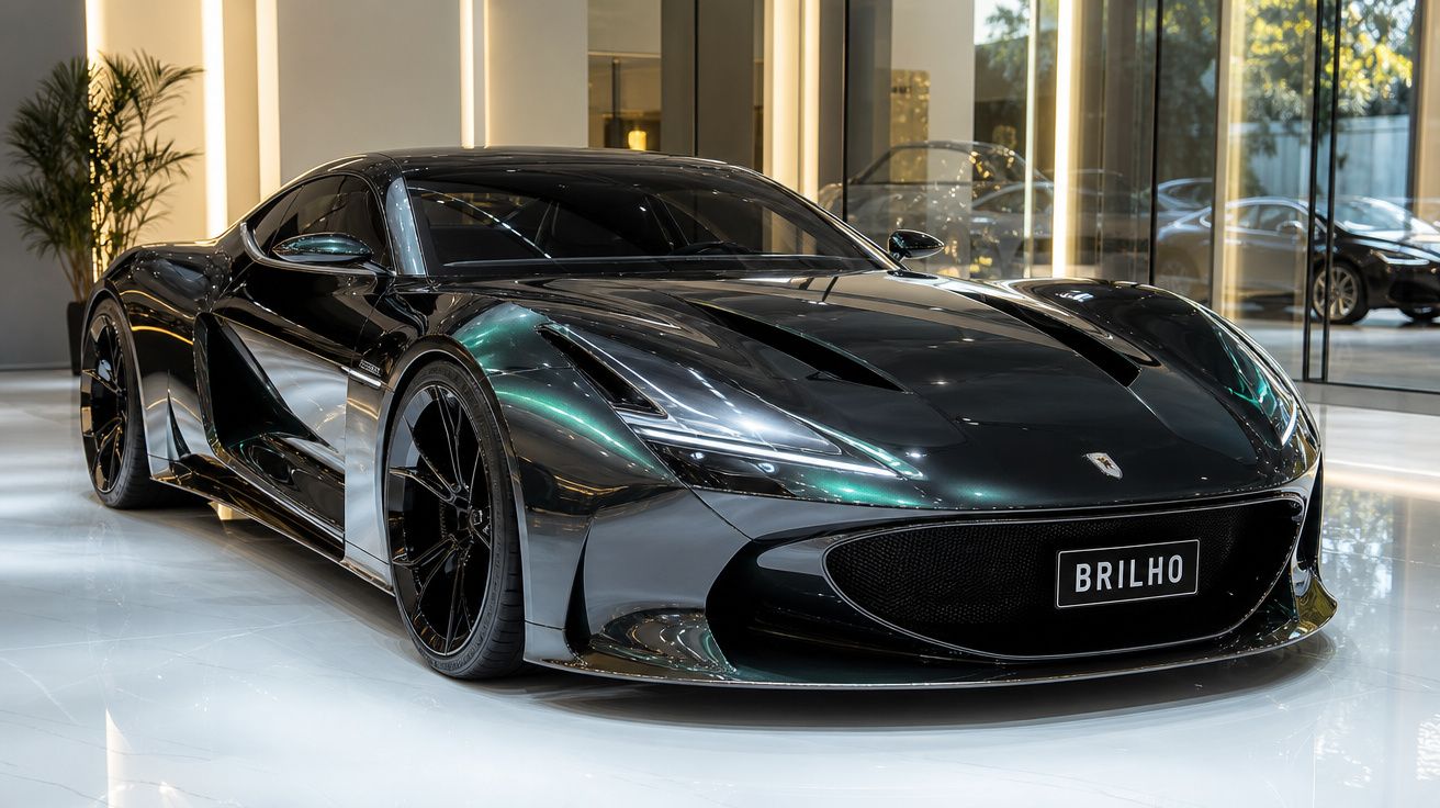 Automóvel desportivo preto brilhante estacionado em piso branco interior moderno.