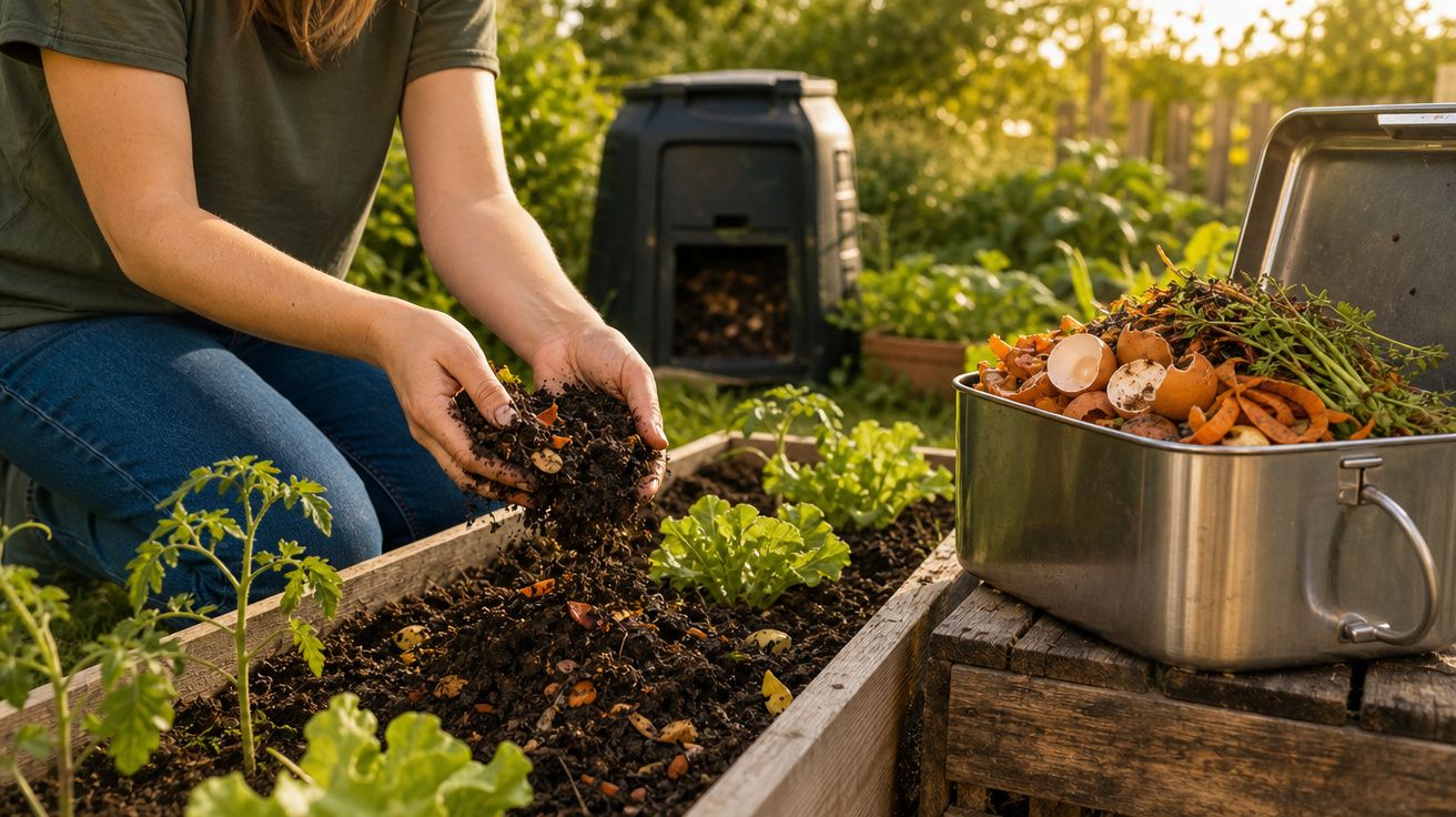 Pessoa a fazer compostagem orgânica num hortelão com resíduos de alimentos e plantas verdes ao redor.