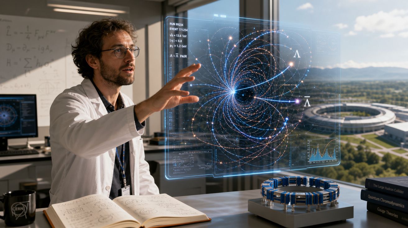 Cientista no laboratório interativo com holograma de colisor de partículas e gráficos complexos.