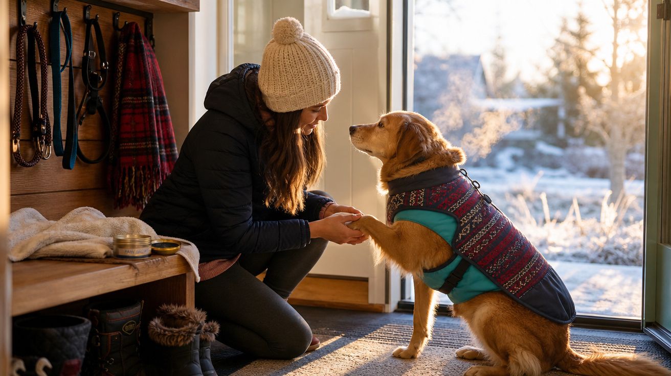 Mulher com gorro a ajoelhar e dar a pata a cão vestido com casaco dentro de casa, manhã fria.