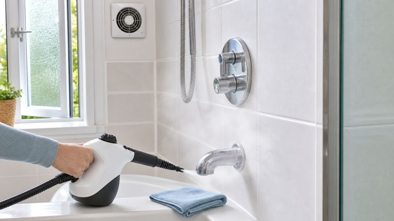 Pessoa a limpar torneira da banheira com vaporizador branco num casa de banho moderna.