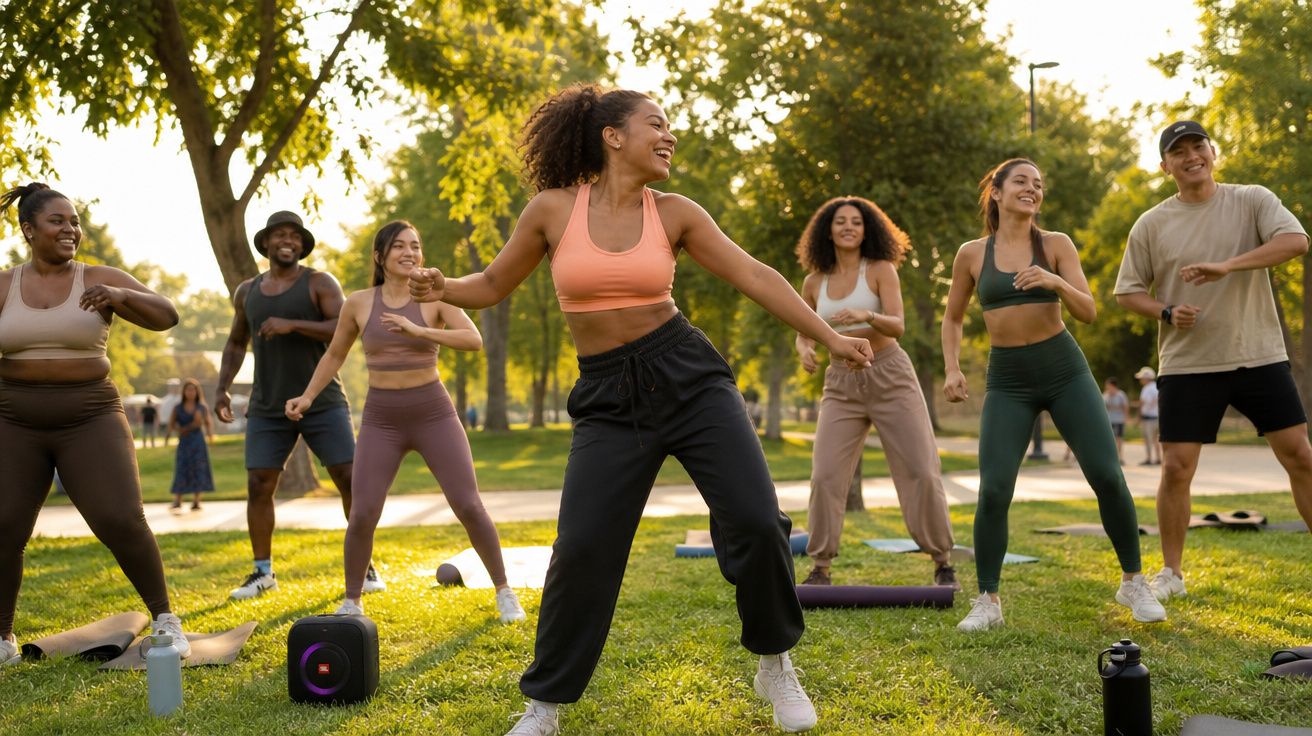 Grupo diversificado de pessoas a praticar zumba ao ar livre num parque ensolarado.