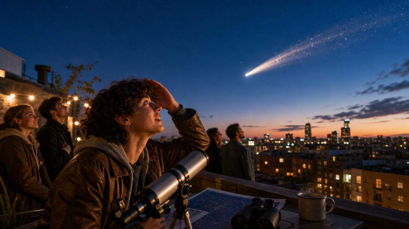 Grupo de pessoas a observar o céu noturno com telescópio e mapa, com uma estrela cadente visível no horizonte da cidade.