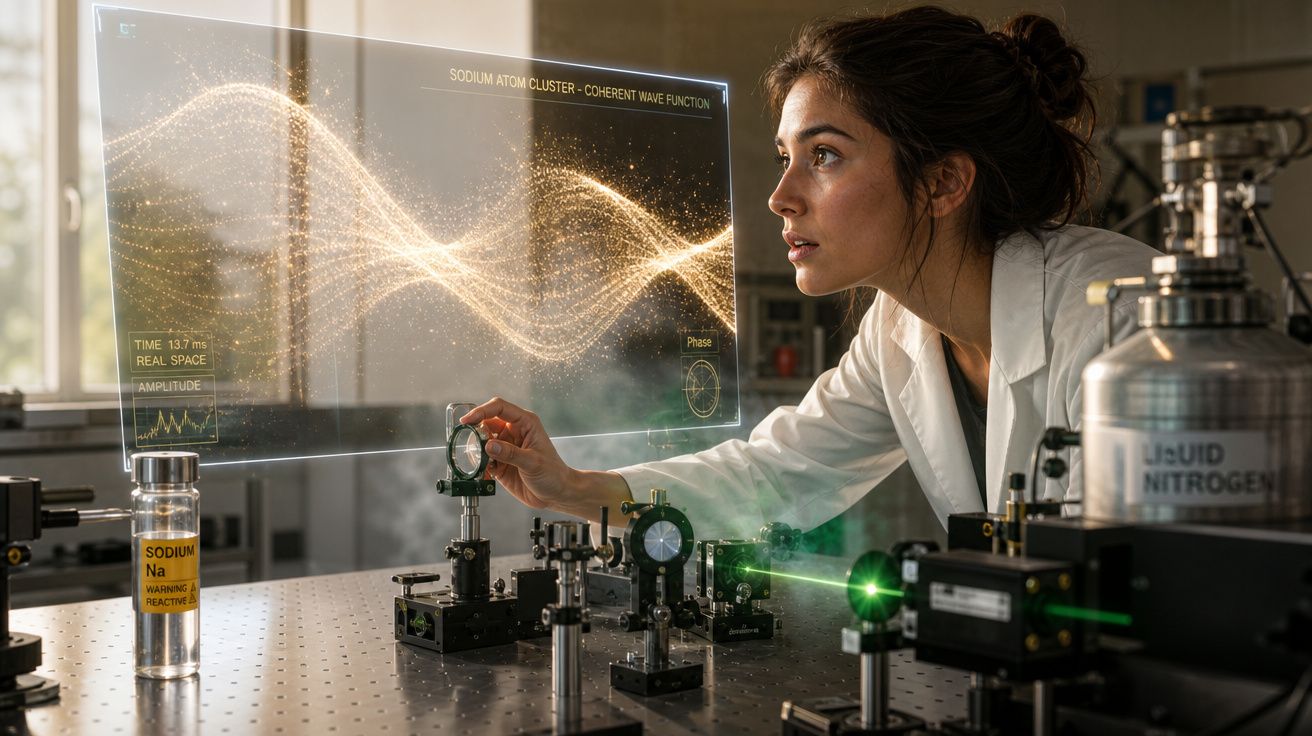 Mulher cientista em laboratório a controlar equipamento óptico com visualização digital de ondas atómicas.