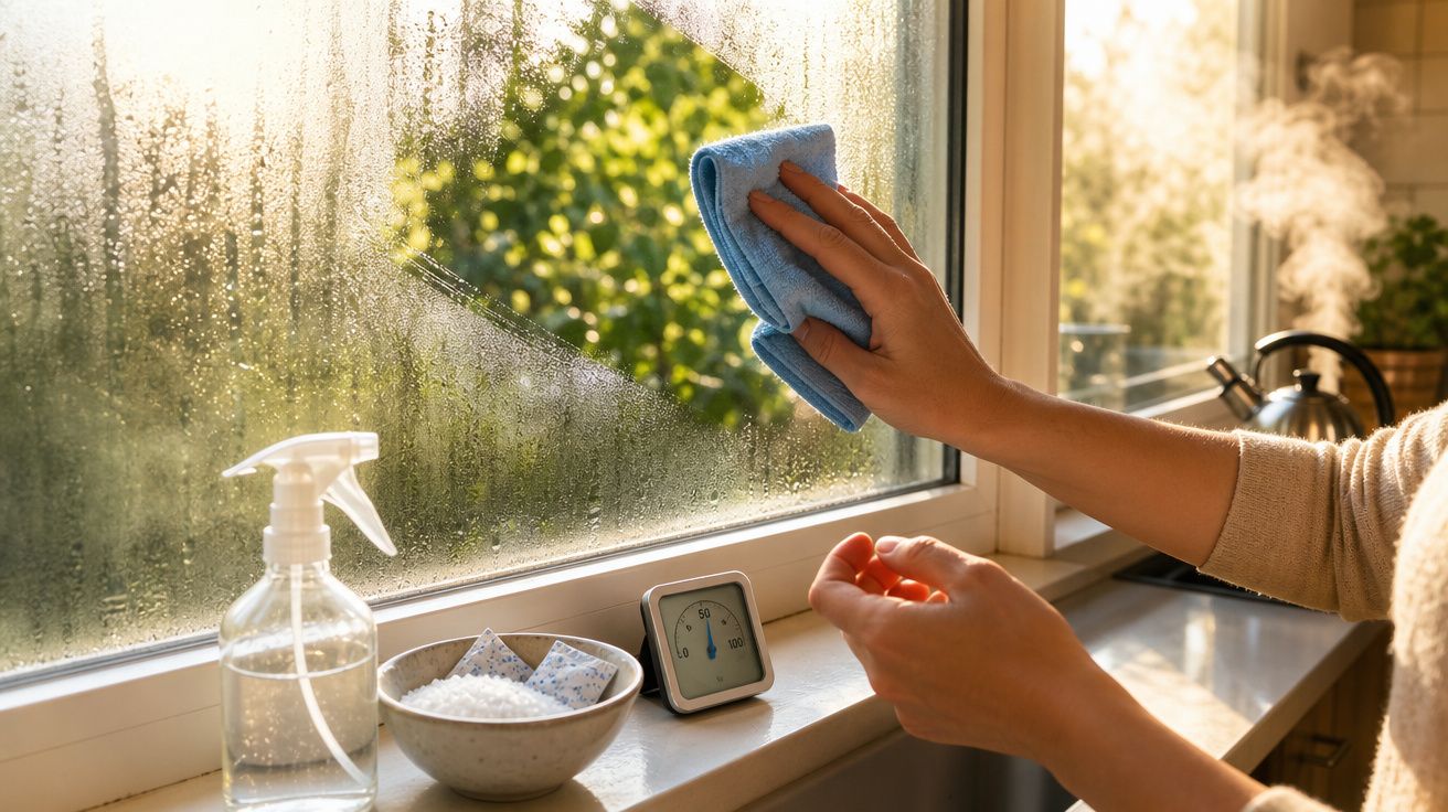 Mãos a limpar vidro embaciado com pano azul, spray e humidificador numa janela com luz natural.