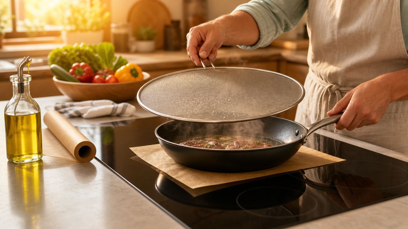 Pessoa a cozinhar hambúrgueres numa frigideira num fogão moderno numa cozinha com luz natural.