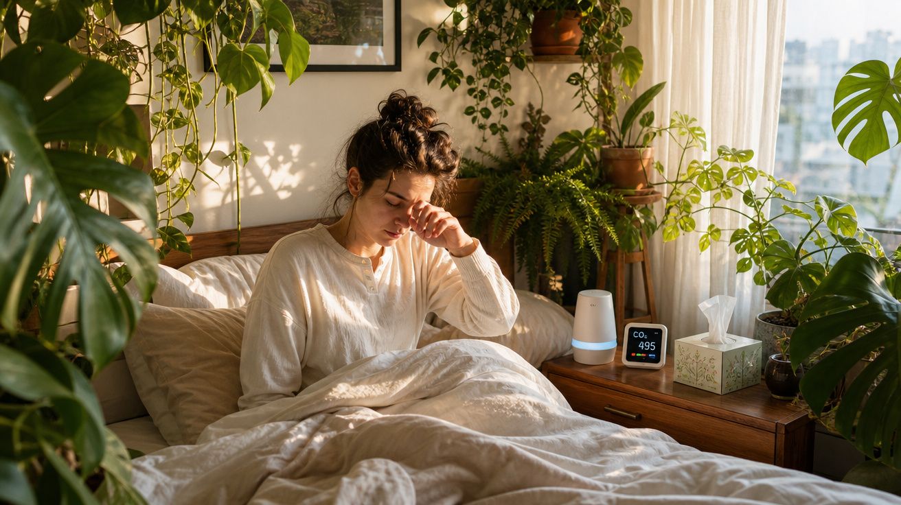 Mulher acorda na cama rodeada de plantas, esfregando os olhos, luz natural entra pela janela.
