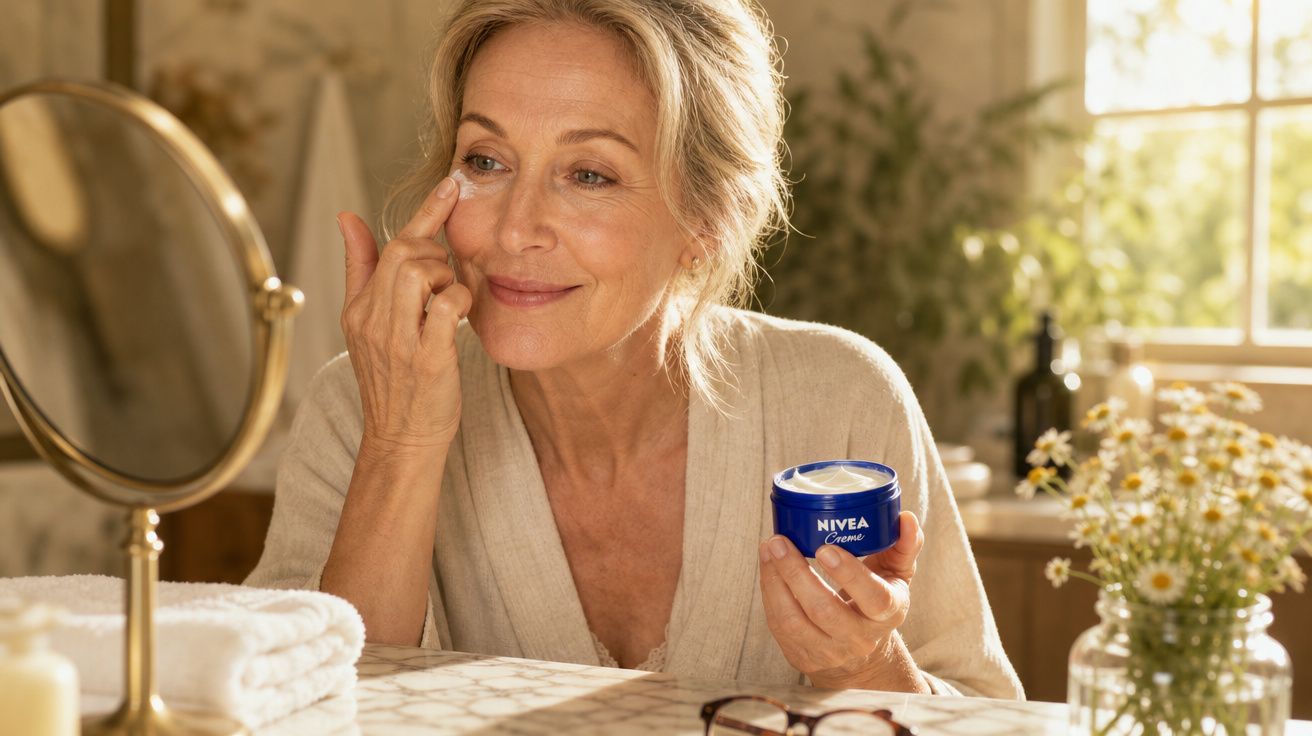 Mulher madura a aplicar creme facial Nivea enquanto olha para o espelho numa casa iluminada pelo sol.