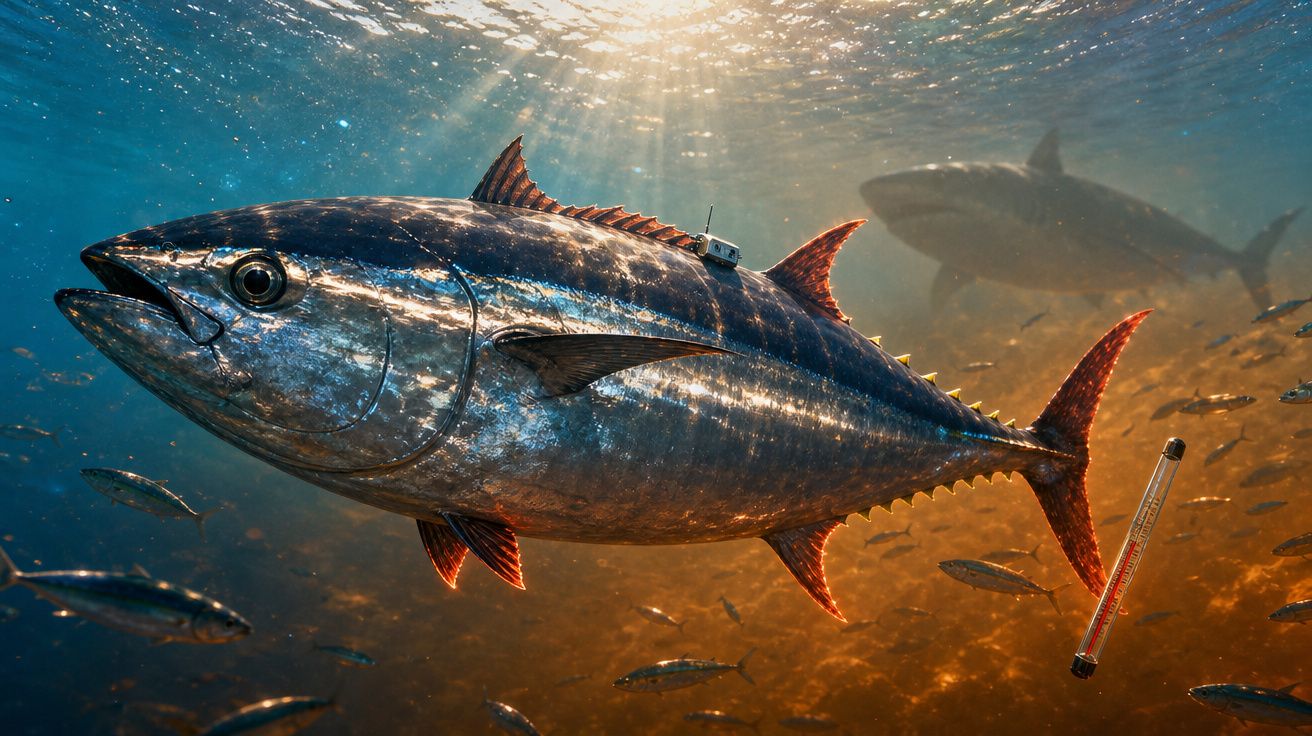 Peixe atum azul majestoso a nadar em águas iluminadas pelo sol com outros peixes e um termómetro subaquático.