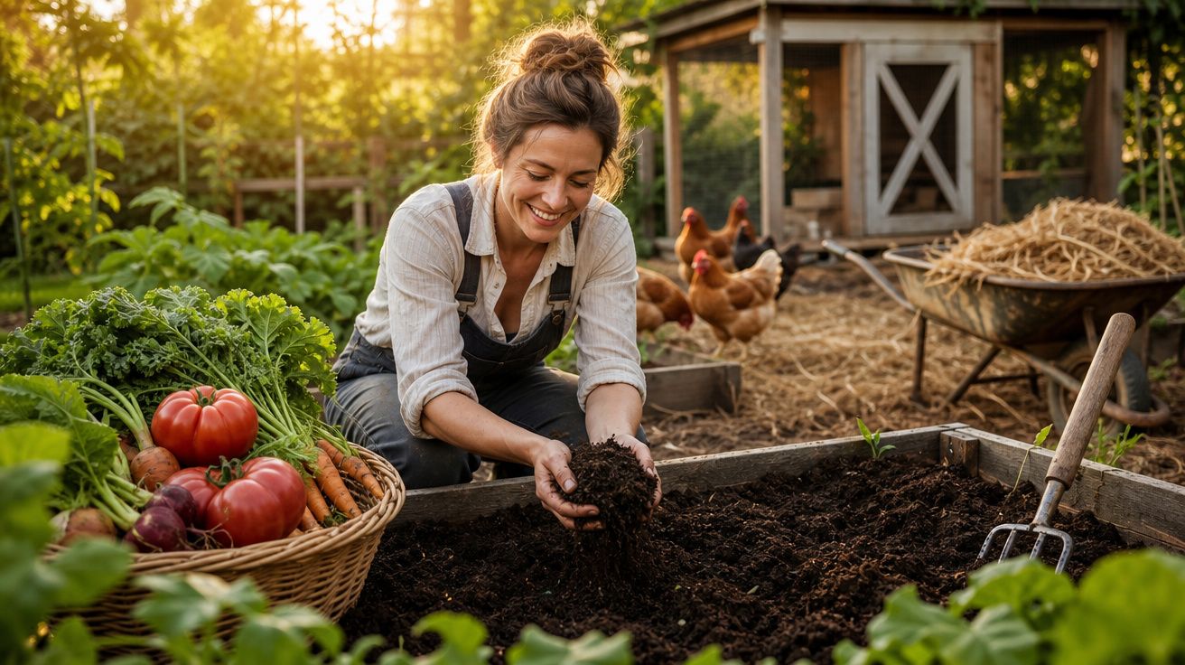 Mulher sorridente a preparar terra numa horta junto a galinhas e legumes ao pôr do sol.