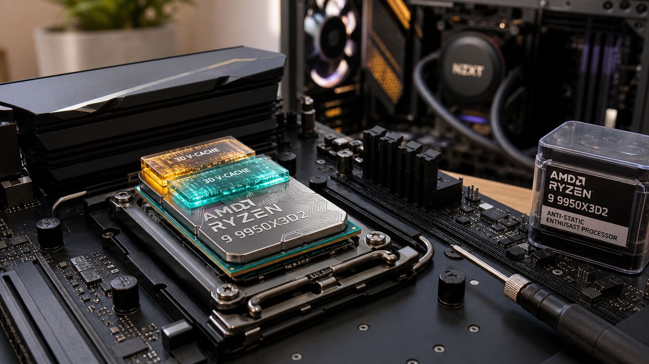 Processador AMD Ryzen 9 9950X3D instalado numa motherboard com cooler líquido e caixa do processador ao lado.
