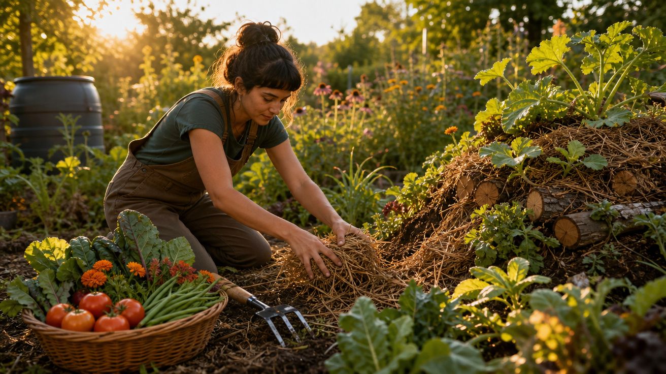 Mulher a cuidar de uma horta ao entardecer, rodeada de plantas, legumes frescos e ferramentas de jardinagem.