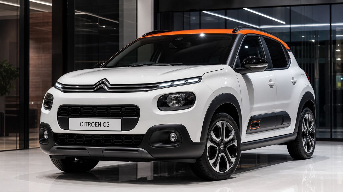 Citroën C3 branco com tecto laranja em ambiente interno moderno, visto de frente e lado direito.