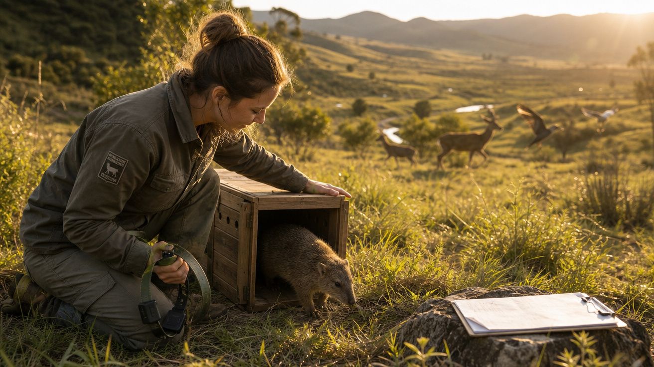 Mulher liberta um animal nativo numa área natural ao pôr do sol, com veados ao fundo e uma prancheta no chão.