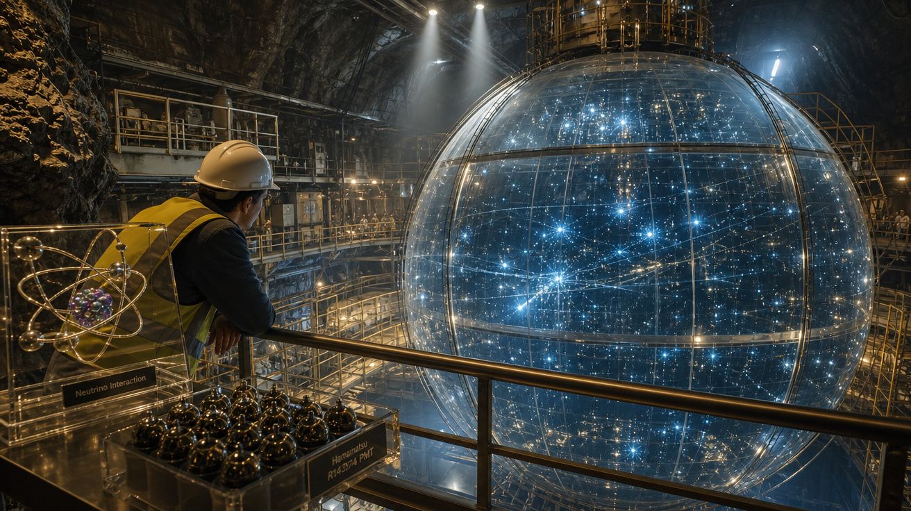 Homem com capacete observa grande esfera transparente com luzes azuis num laboratório subterrâneo futurista.