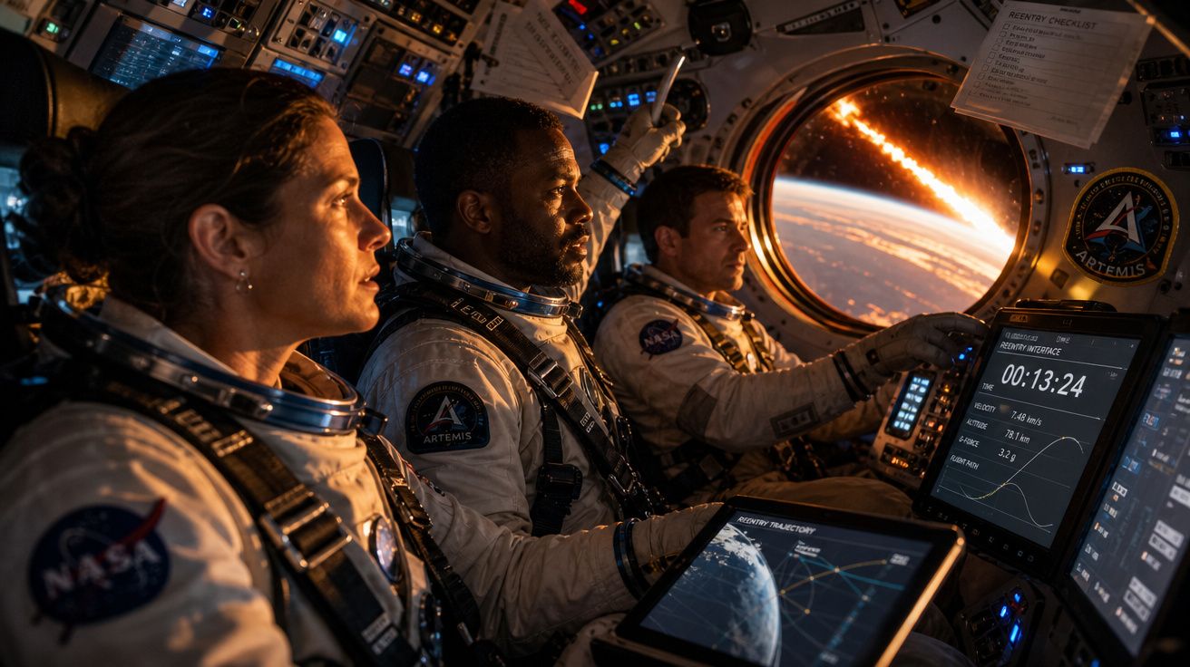 Três astronautas em fato espacial dentro da nave a observar a Terra e os ecrãs de controlo.