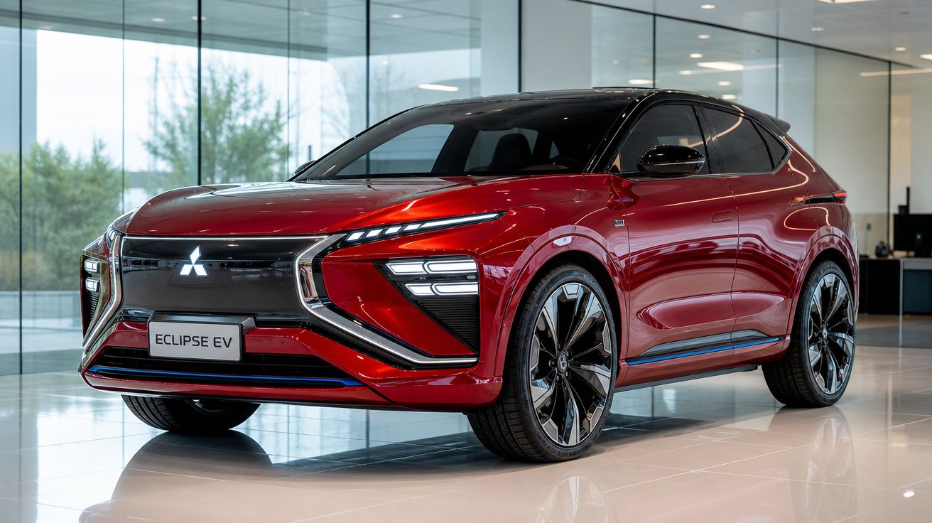 Carro elétrico vermelho Mitsubishi Eclipse EV apresentado num espaço moderno e iluminado.